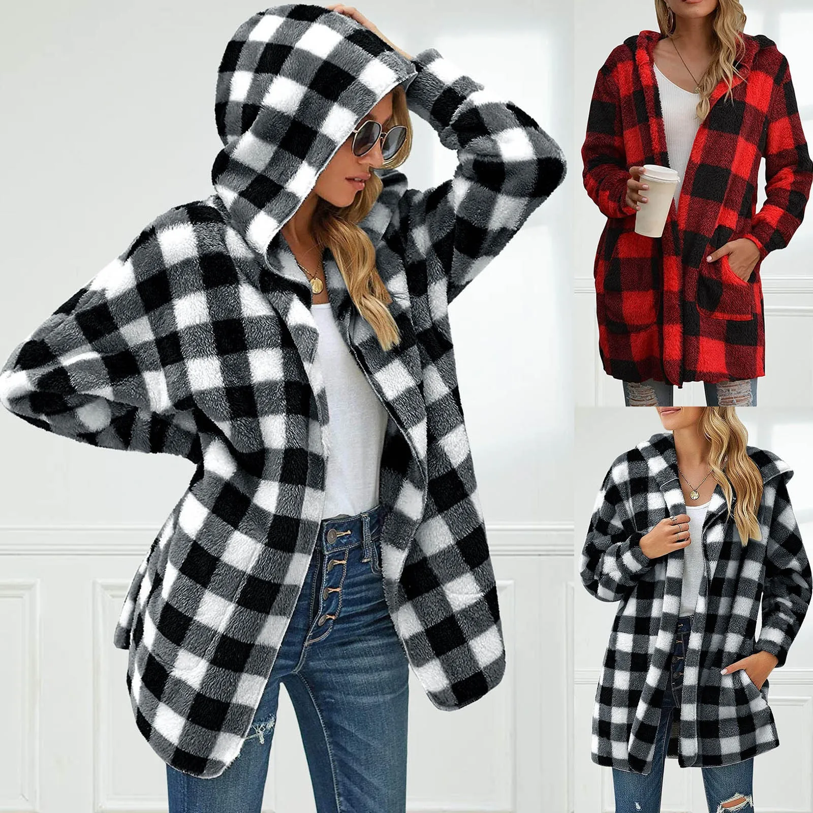 

Red Plaid Fleece Hoodie Cardigan Women Fleece Hoodie Pockets Plaid Open Stitch Cardigan Ladies Winter Warm Casual Jacket Coats