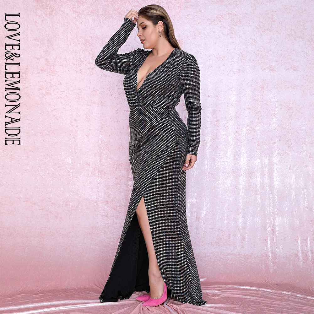LOVE& LEMONADE размера плюс серебро глубокий v-образный вырез пышные рукава блеск эластичный материал Макси платье LM81715PLUS осень/зима