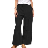 womens elastic waist tie solid color cotton and linen series casual loose trousers