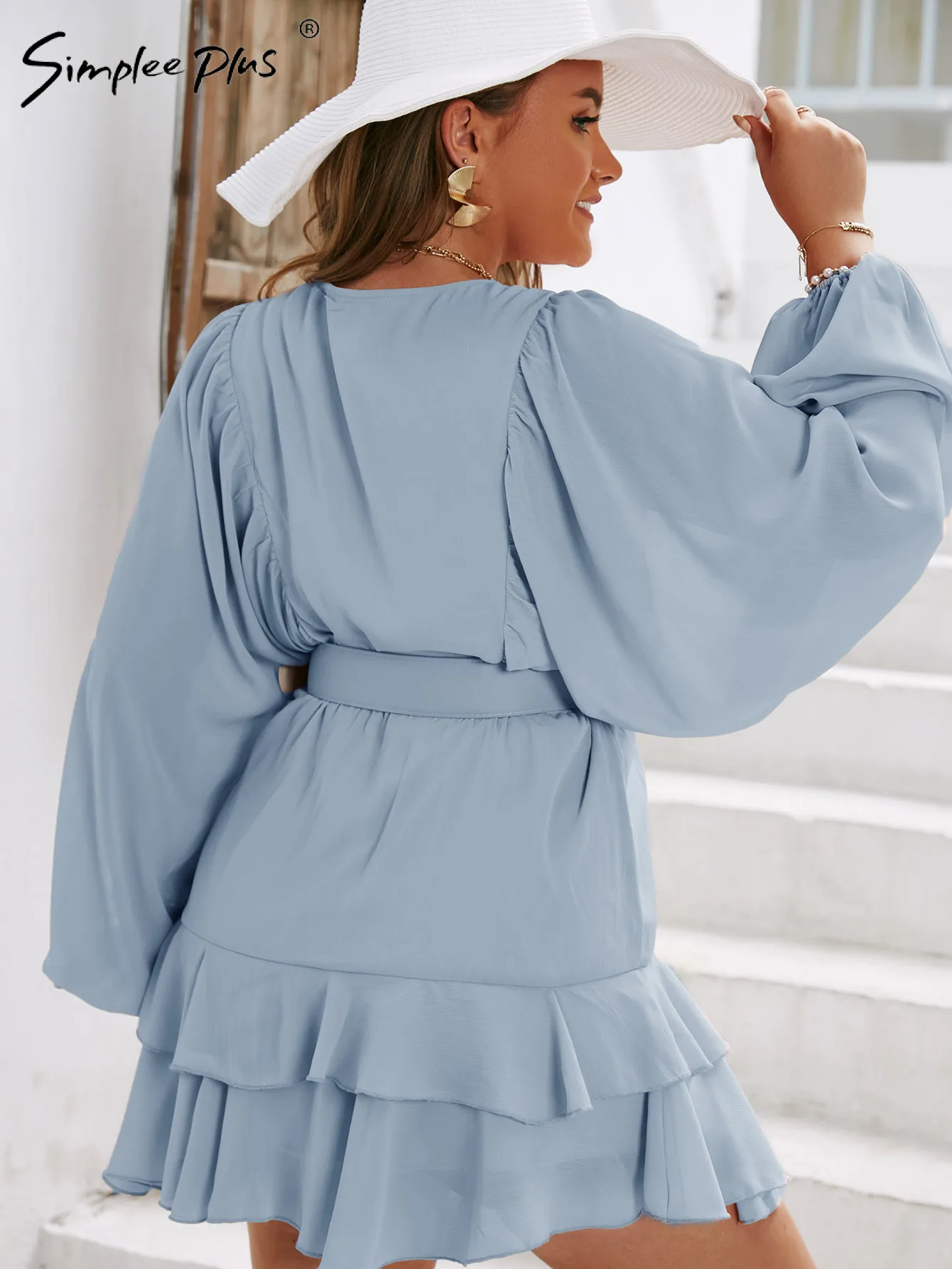 Simplee Plus size dress women Holiday batwing sleeve chiffon dress big size Boho solid ruffle vestidos A-line belt mini dress