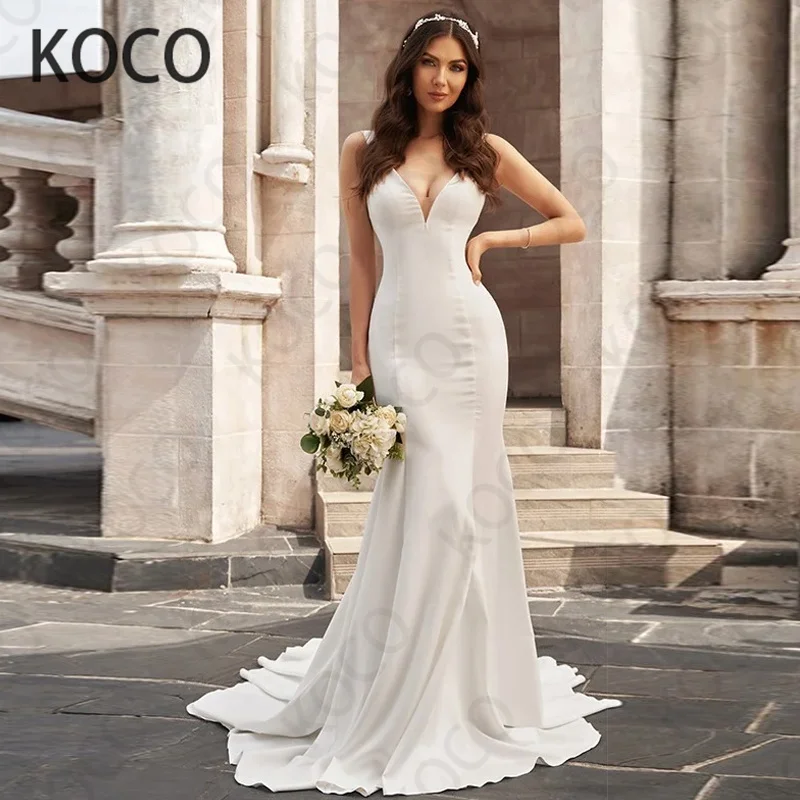 

MACDUGAL Wedding Dress 2021 Sexy V Neck Satin Beach Mermaid Bride Gown Spagetti Long Train Vestido De Novia Civil Women Skirt