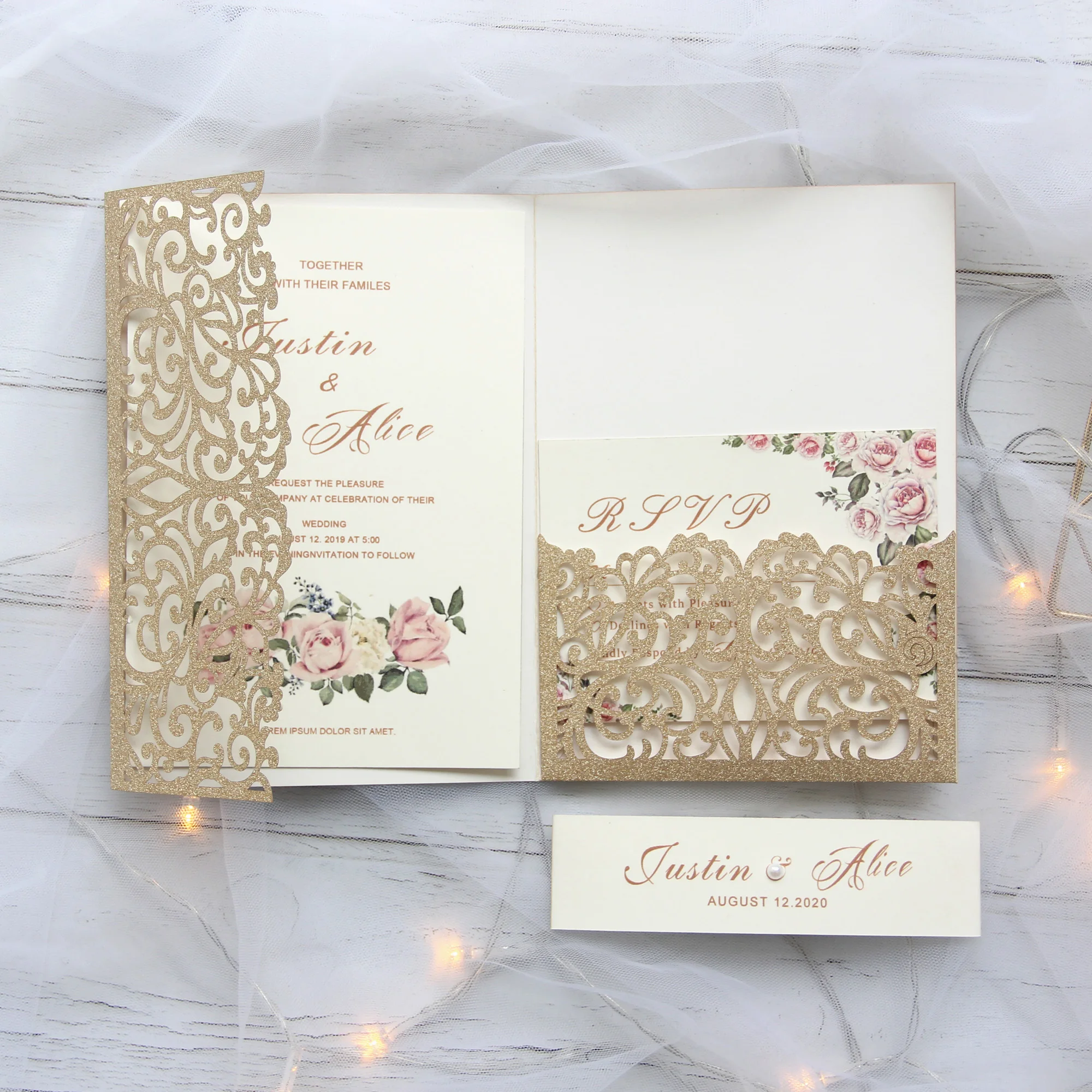 Print custom Laser Cut Wedding Invitations Cards glittery invitations set with RSVP envelop belly band tri-fold pocket invites | Дом и сад