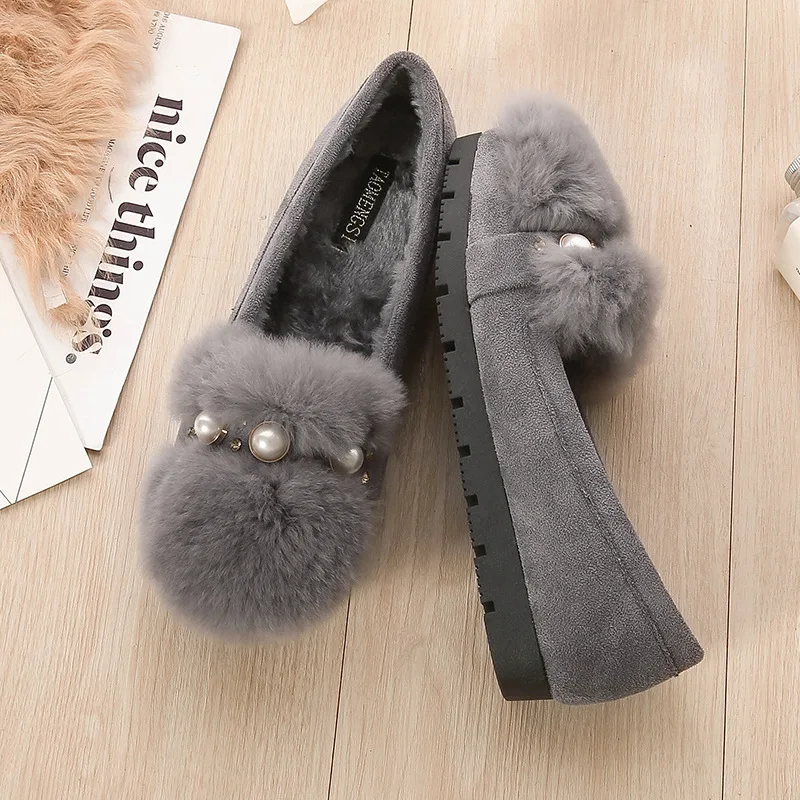 

Pearl Button Leisure Warm Cotton Shoes 2021 New Flat Sole Single Shoes Spring and Autumn Round Head Rabbit Plush Shoes