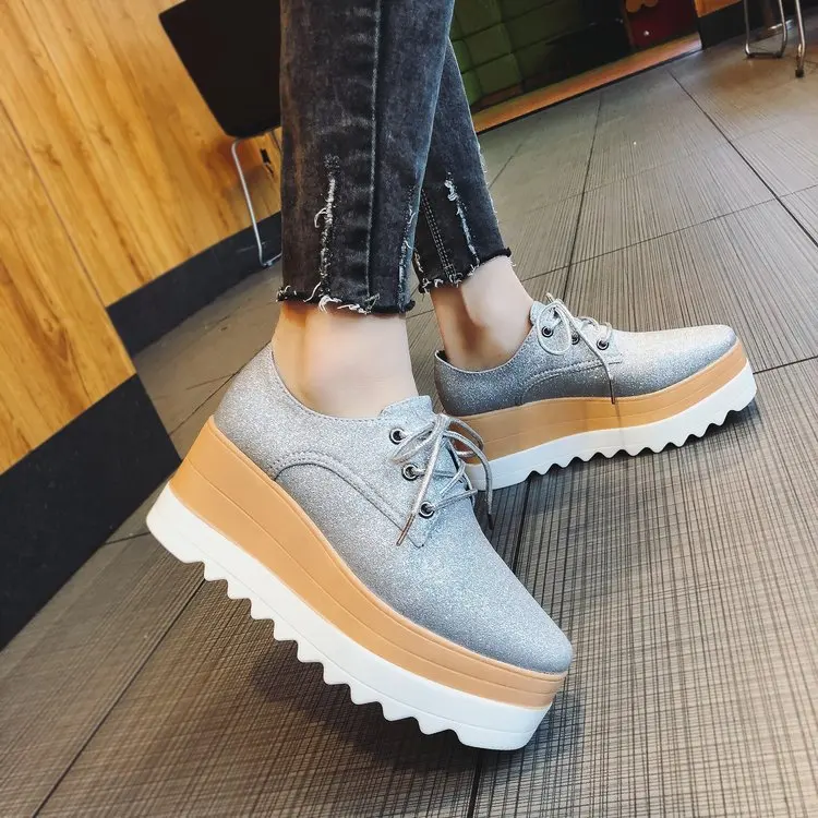 

Round Toe Lace-up Wedges Shoes for Women Loafers Comfortable Rubber Platform Shoes Women Casual Vulcanized Shoes Woman Autumn PU