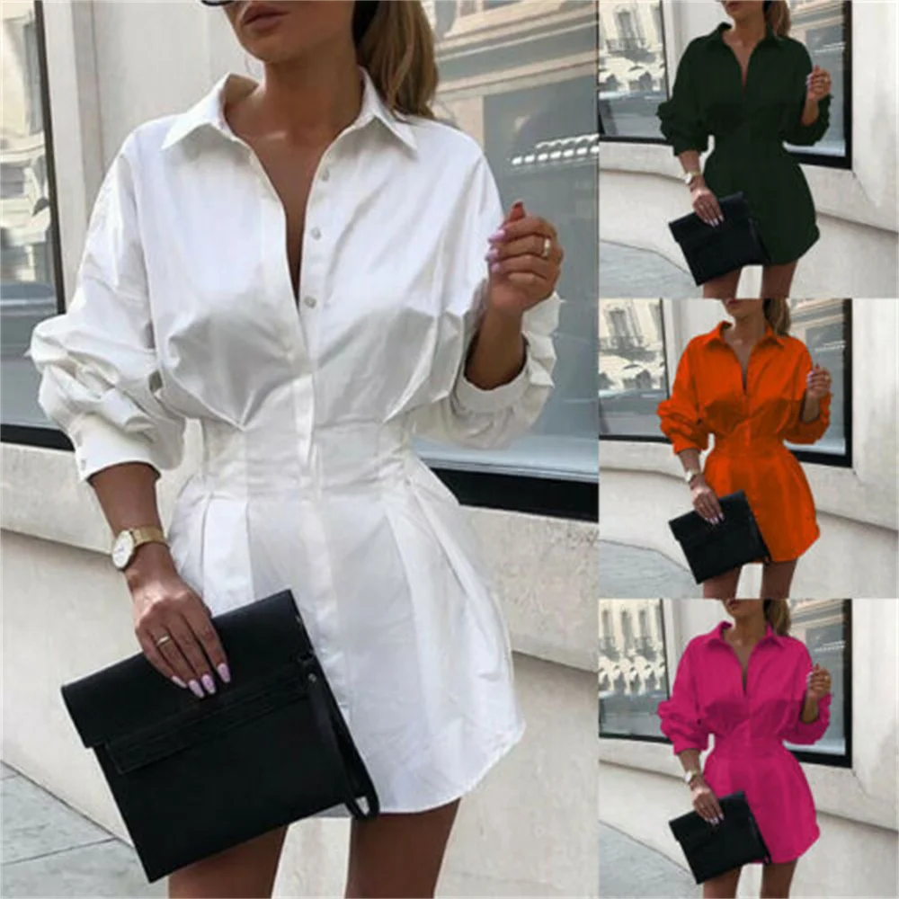 

COZOK New Sexy White Long Sleeve Turn Down Solid Mini Dress Office Lady Elegant Wear Female Shirts Dresses Autumn Letter Print