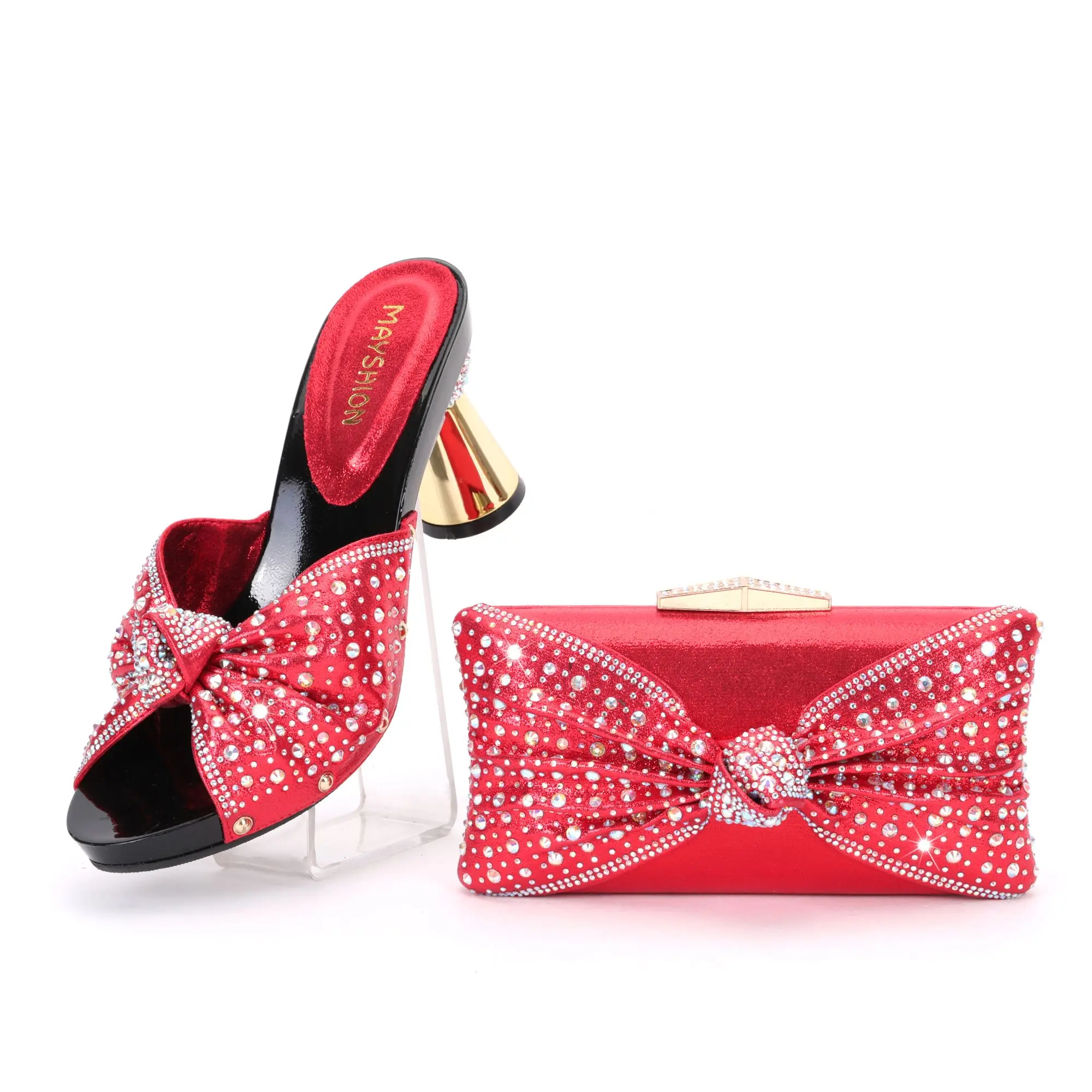 

New Italian design African Nigerian high heels party Crystal Rhinestone Wedding Shoes and portable straddle Dinner Bag