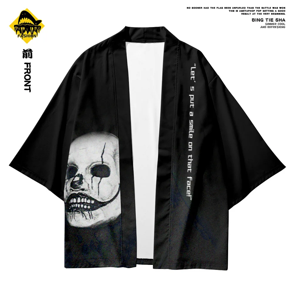 

Plus Size 6XL 2021 Fashion Japanese Kimono And Pant Sets Cardigan Shirts Yukata Haori Men Black Skull Print Clothing