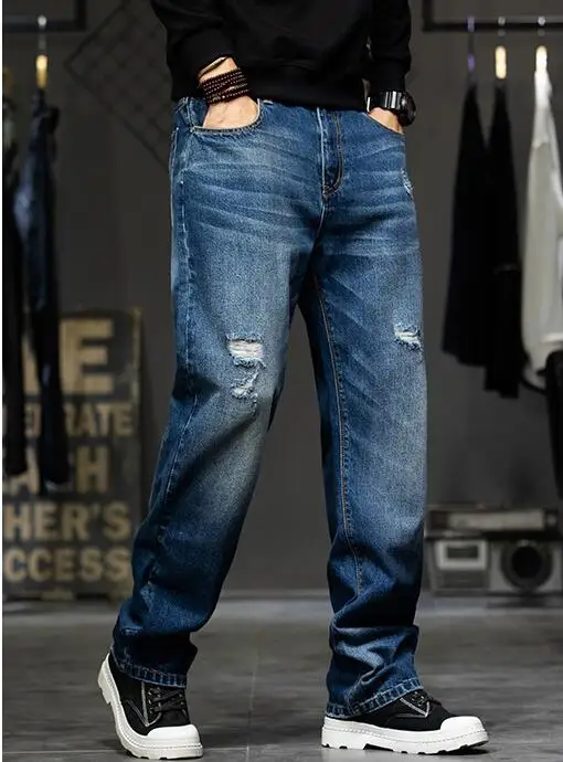 Джинсы мужские стрейчевые прямые брюки из денима с завышенной талией большие