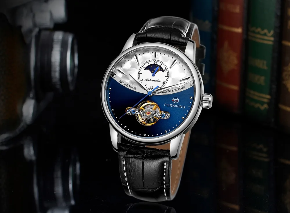 Классические Механические часы Forsining Blue Moon Phase, автоматические турбийон, мужские часы из натуральной кожи, мужские часы, Прямая поставка