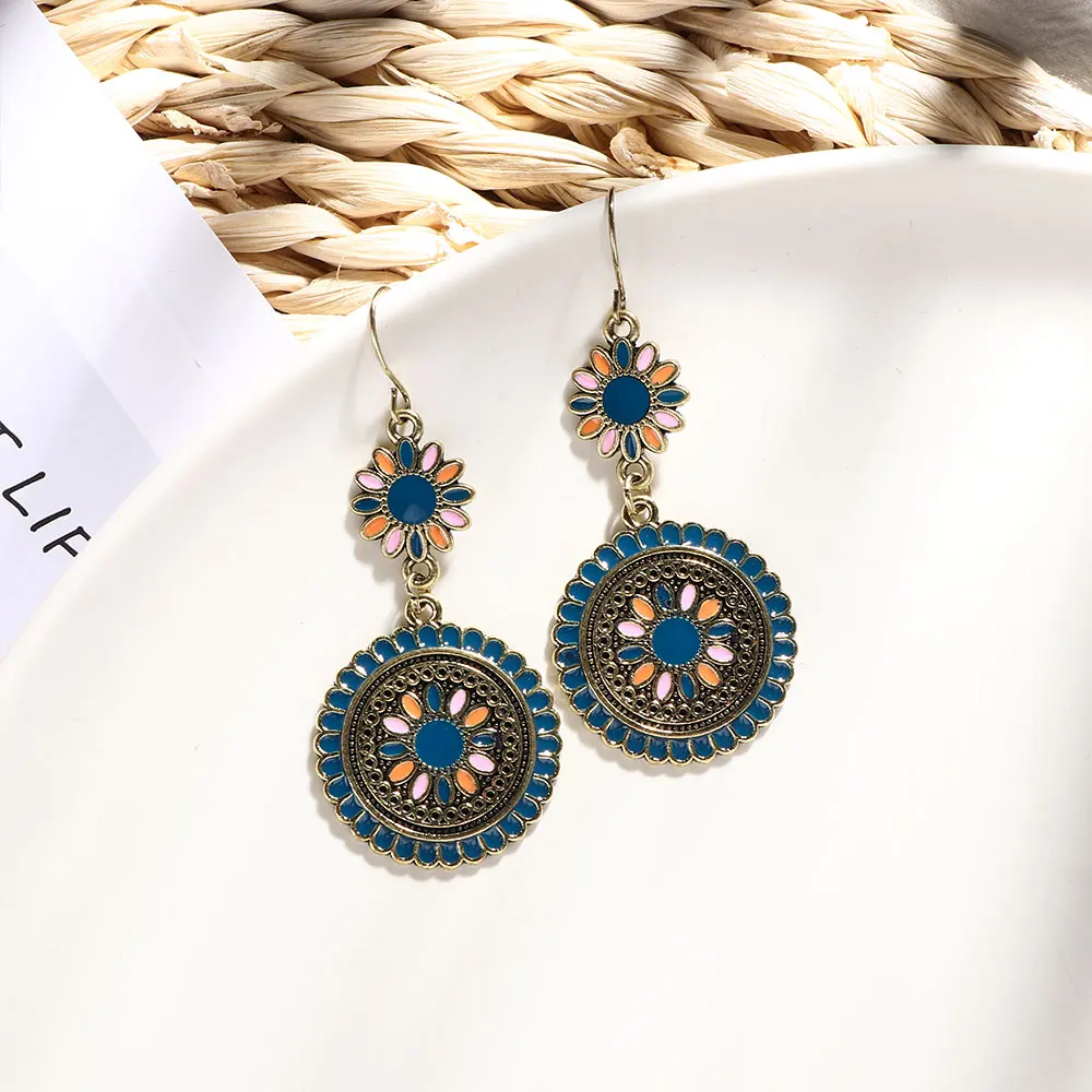 Винтажные этнические висячие серьги резные эмалированные Цветы женские