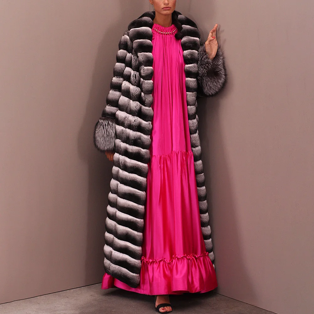 130cm Long Real Rex Rabbit Fur Coat Turn-down Collar Woman Natural Genuine Rex Rabbit Fur Coats With Silver Fox Fur Sleeve Cuffs