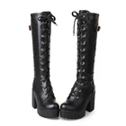 Женские сапоги до колена; Модная женская обувь в готическом стиле лолита белого цвета на плоской подошве с квадратным каблуком и шнуровкой; Зимние сапоги из искусственной кожи; Большие размеры 43