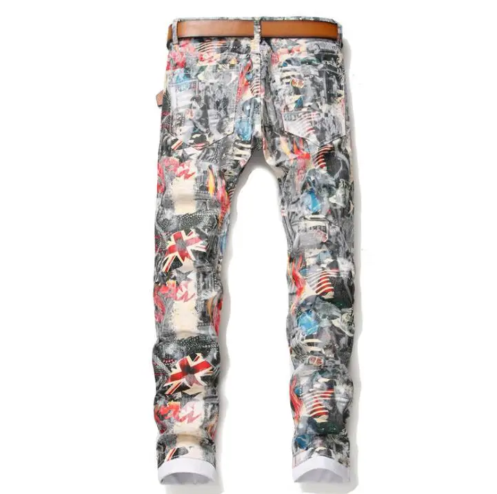 Hair stylist autumn homme jeans flag printed pants men's flower trousers slim men's feet pants stretch British