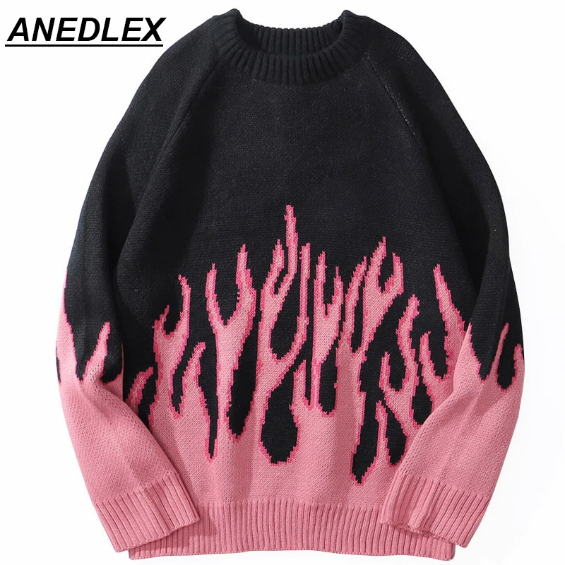 

Женский трикотажный свитер в стиле Харадзюку, повседневный пуловер свободного покроя в стиле хип-хоп с синим огненным пламенем, осень 2021