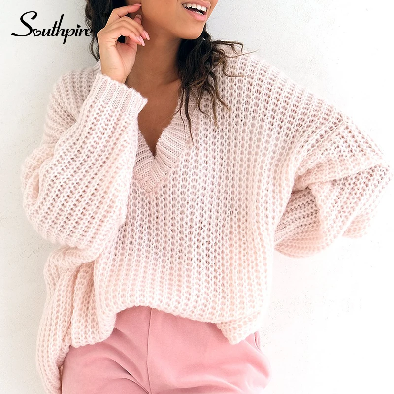 

Southpire Pink Casual Women Sweater Pullovers Knitted Autumn Winter Ladies V-Neck Full Sleeve Jumper Knitted Oversize Pullovers