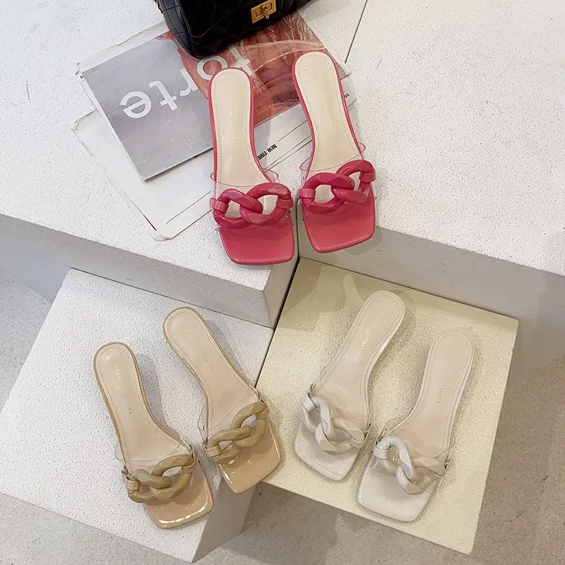 

Net red wine glass crystal heel sandals and slippers women's summer wear 2021 new transparent metal buckle slip-on slippers WL18