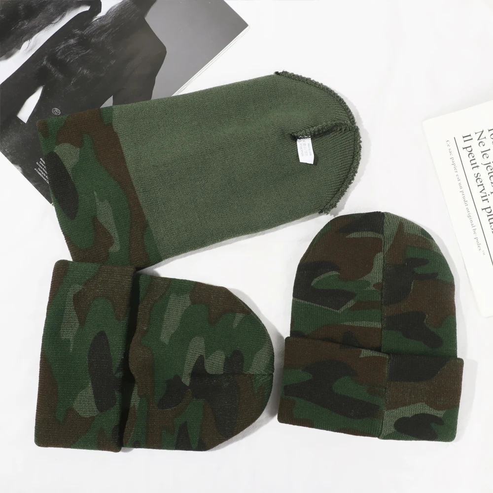 

Camouflage Green Beanies For Men Winter Hat Women's Outdoor Bonnet Skiing Hat Female Soft Cuffed Slouchy Knitted Hat For Boys