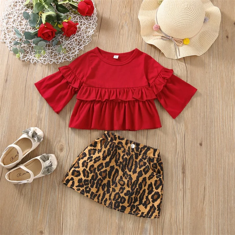 

Infants Baby Girls Clothes Set Ruffle Top and Leopard Pattern Skirt 2pcs Sets for Kids Children Clothing