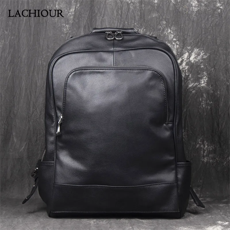 LACHIOUR Large School Backpacks Bag Men Genuine Leather Backpack Male Travel 15.6 inch Laptop Bag Men's Hiking Book Bag