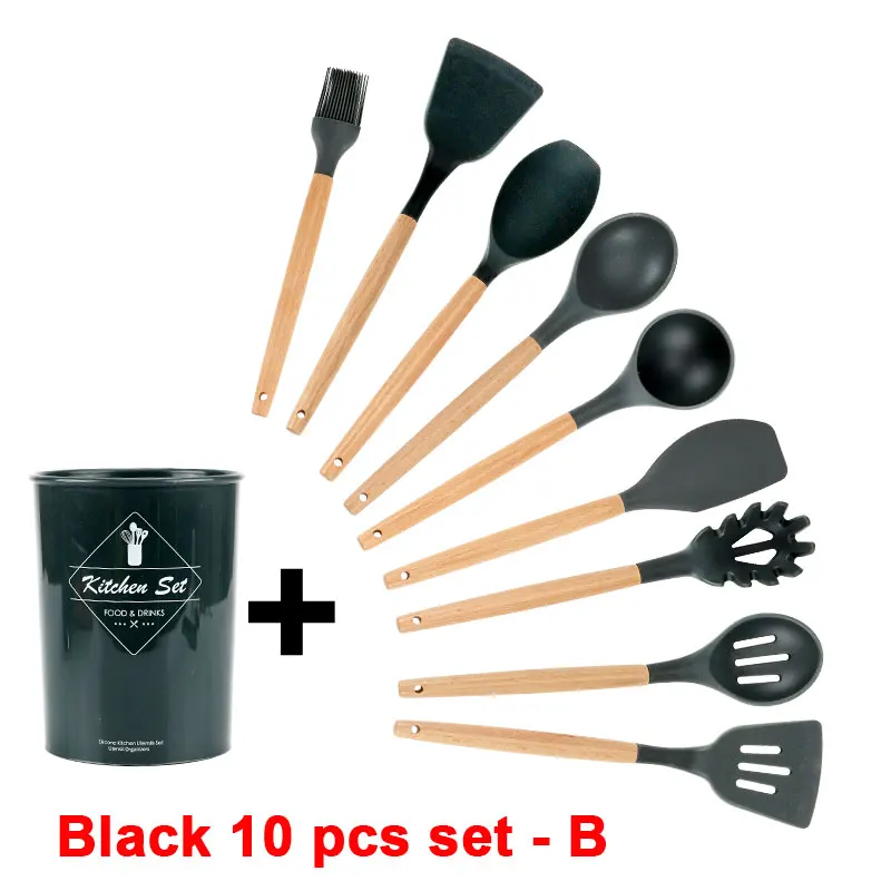 Black 10 pcs set - B Набор кухонных силиконовых кухонных принадлежностей с антипригарным шпателем лопата с деревянной ручкой набор кухонных инструментов с ящиком для хранения кухонные инструменты - Цвет: Black 10 pcs set - B