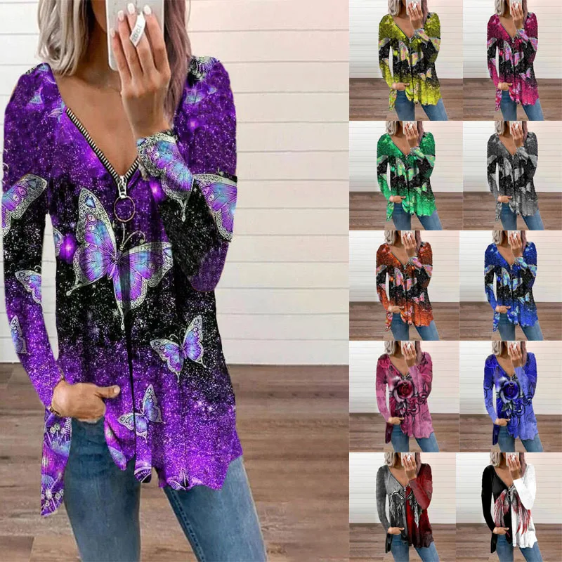 

Plus Size 5XL Women Autumn V-neck Long Sleeve Tops Temperament Commuter Butterfly Print Pullover All-match Lady T Shirt X49