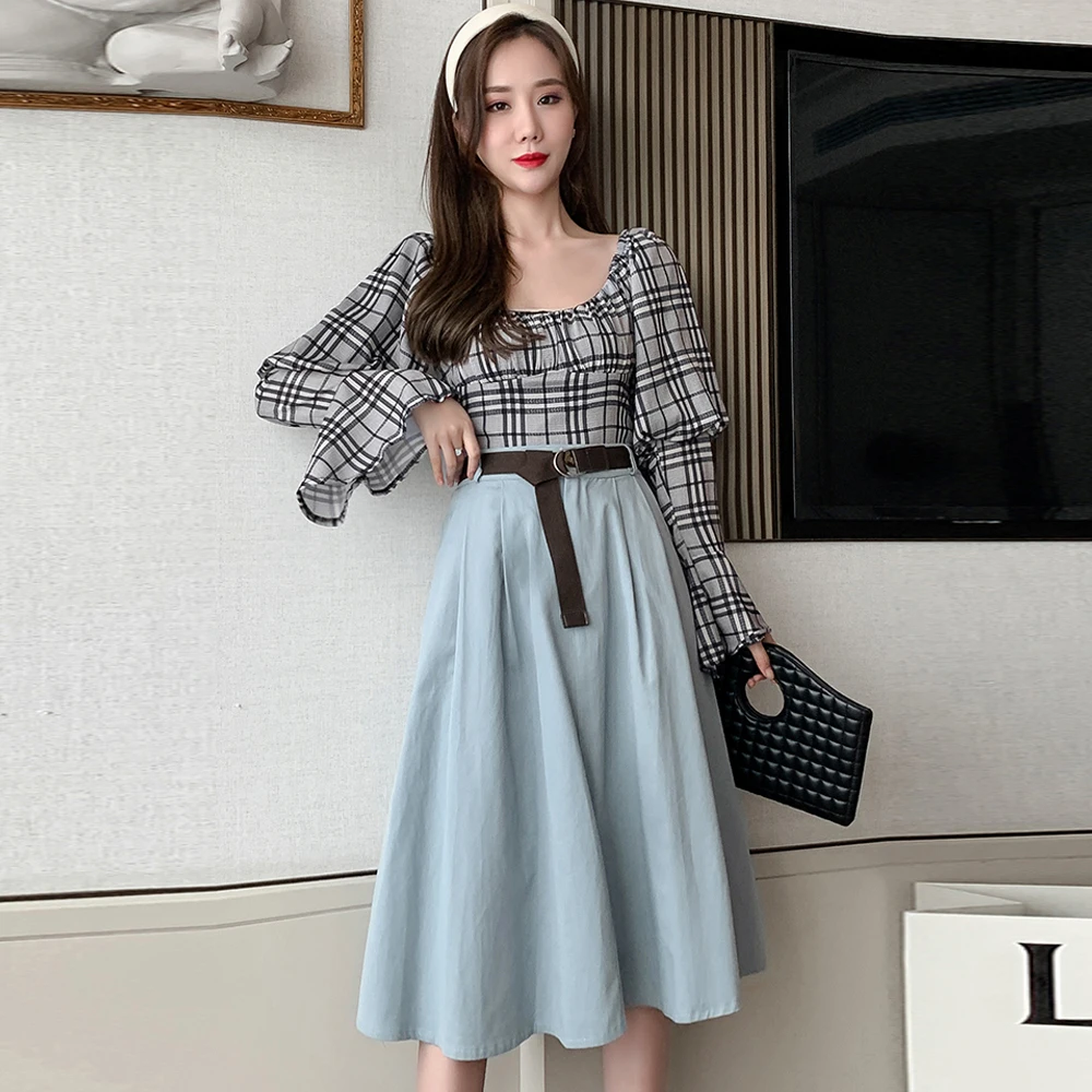 

Women Elegant Solid Midi Skirt Vintage High Waist Casual Chic A-line Skirts With Belt Summer Autumn Fashion Woman Skirt