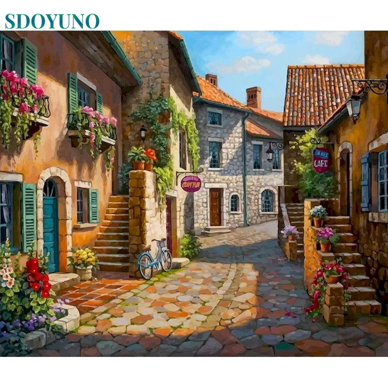 

SDOYUNO Painting By Numbers Village Street DIY Coloring By Numbers HandPainted Kit Drawing Canvas Pictures Scenery Home Decor