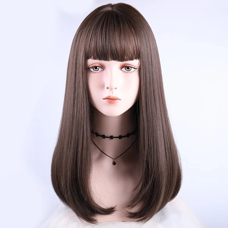 

Long Straight Wig Brown Synthetic Wigs for Women Cosplay Hair Wig with Neat Bangs Heat Resistant Fiber