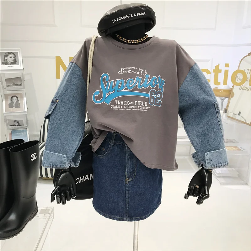 

Denim Stitching Sweatershirt Women's 2020 Autumn New Style Loose Korean Printed Letter Long-Sleeved Streetwear Hoodie Women