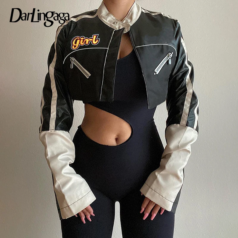 

Darlingaga Streetwear Punk Style Patchwork Cropped PU Leather Jacket Women Zipper Autumn Winter Jacket Contrast Color Basic Coat