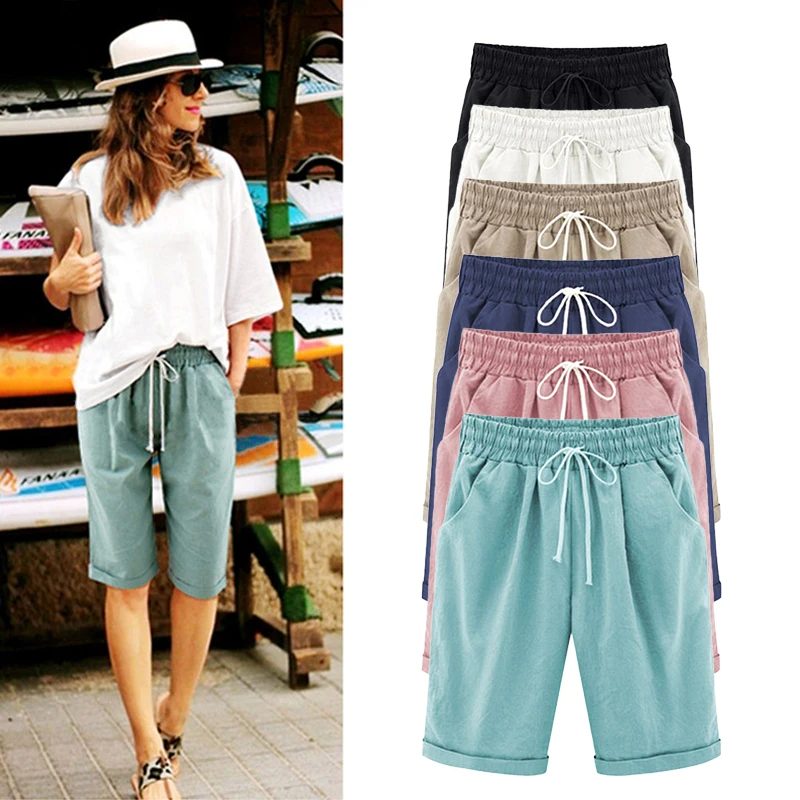

Summer Women Shorts 2021 Cotton Linen High Waist Casual Drawstring Stretch Loose Apparel Plus Size S-8XL Short For Women