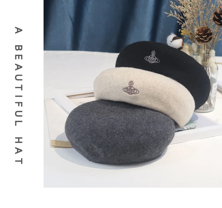 Женский Классический берет из натуральной шерсти с вышивкой в стиле ретро |