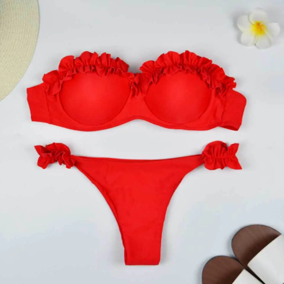 Bandeau Bikini Swimwear Women Swimsuit Sexy Ruffle Set Push Up Bathing Suit Female Brazilian Solid Color 2021 | Женская одежда
