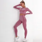 Костюм спортивный женский для фитнеса, укороченный топ с длинным рукавом, бесшовные леггинсы с высокой талией