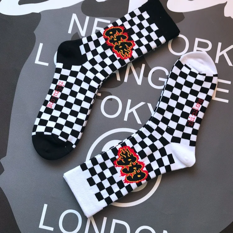 Adult Size Mid Calf Crew Socks Orange Fire 666 Three Six Flame Check Chequered International Chess Black White Lattice Creative |