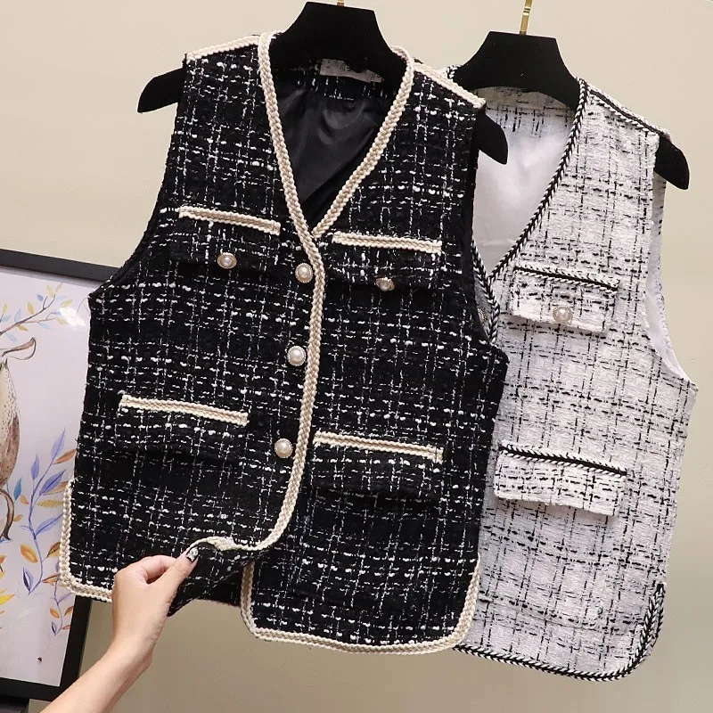 Женский однобортный твидовый жилет без рукавов с жемчугом клетчатый v-образным