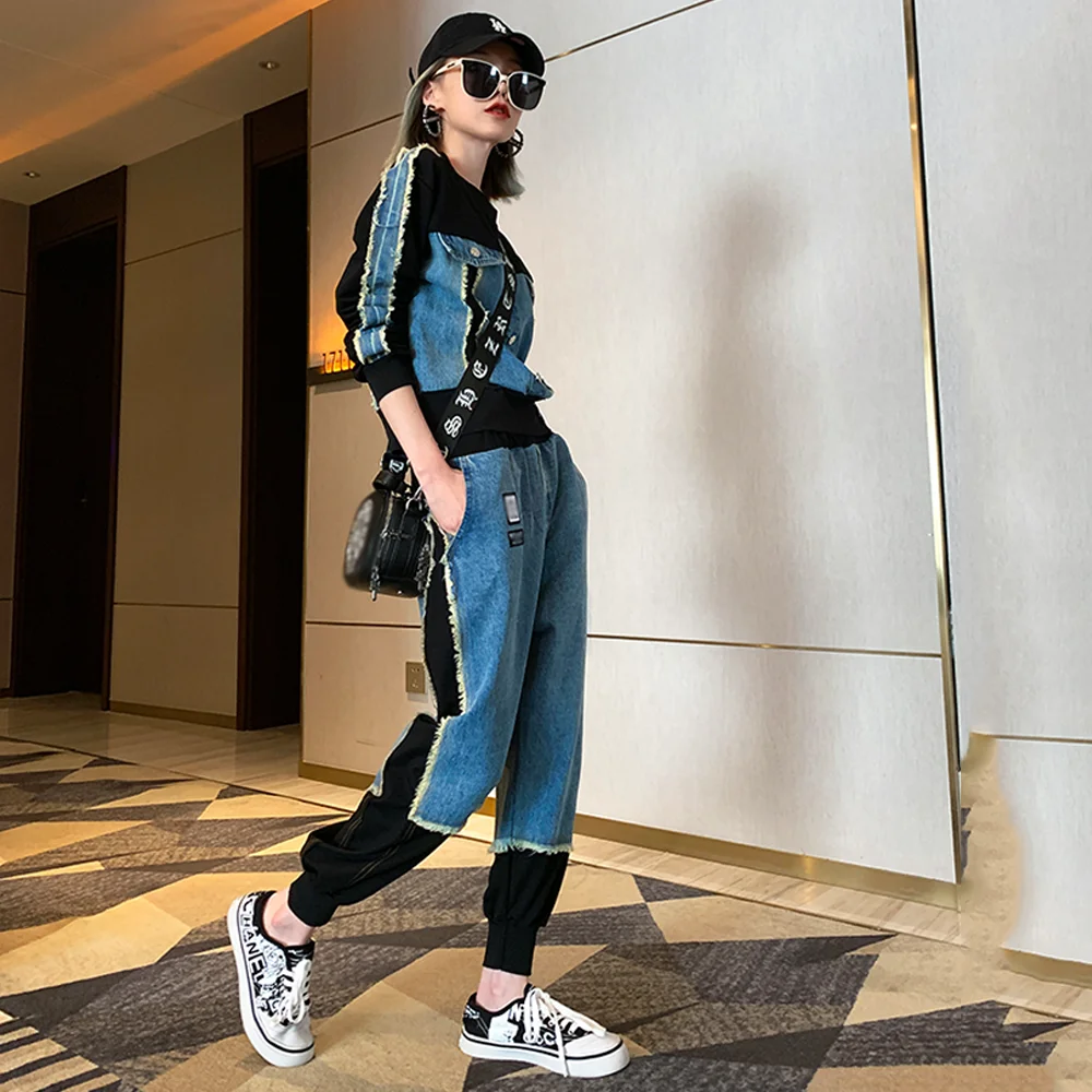저렴한 데님 두 조각 세트 청바지 정장 여성 느슨한 Hipster Tracksuit 라운지 착용 스티치 2 조각 세트 스트리트 힙합 의상