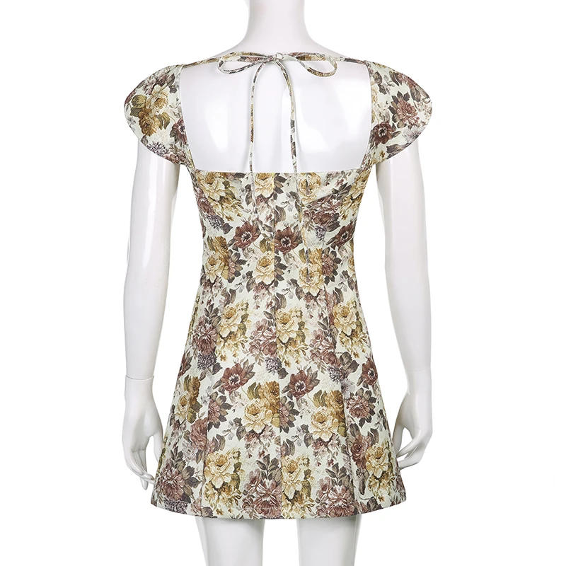 

Rockmore Floral Print Mini Dress Women Y2K Party Dresses French Style Short Sleeve Sexy Backless Sundress Summer Vintage Outfit