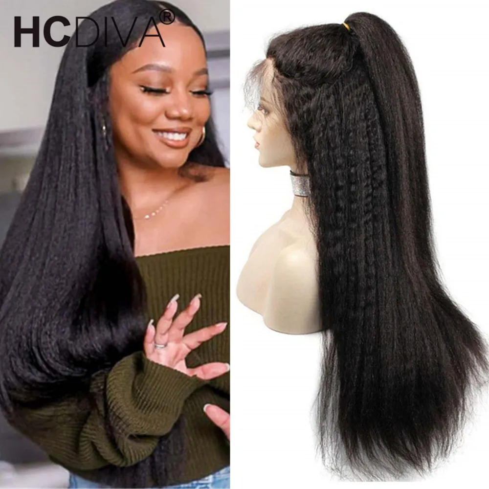 

Middle Part Kinky Straight Lace Front Human Hair Wig 180% Brazilian Remy Human Hair Wig Pre Plucked With Baby Hair For Women