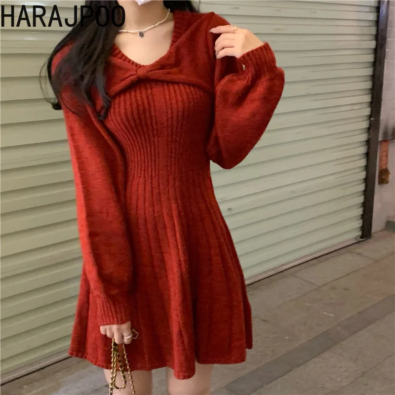 

Dresses Harajpoo Female Solid Simplee Vintage Red Knitted 2021 Autumn Winter New French Lantern Long Sleeve O Neck Mini Dress