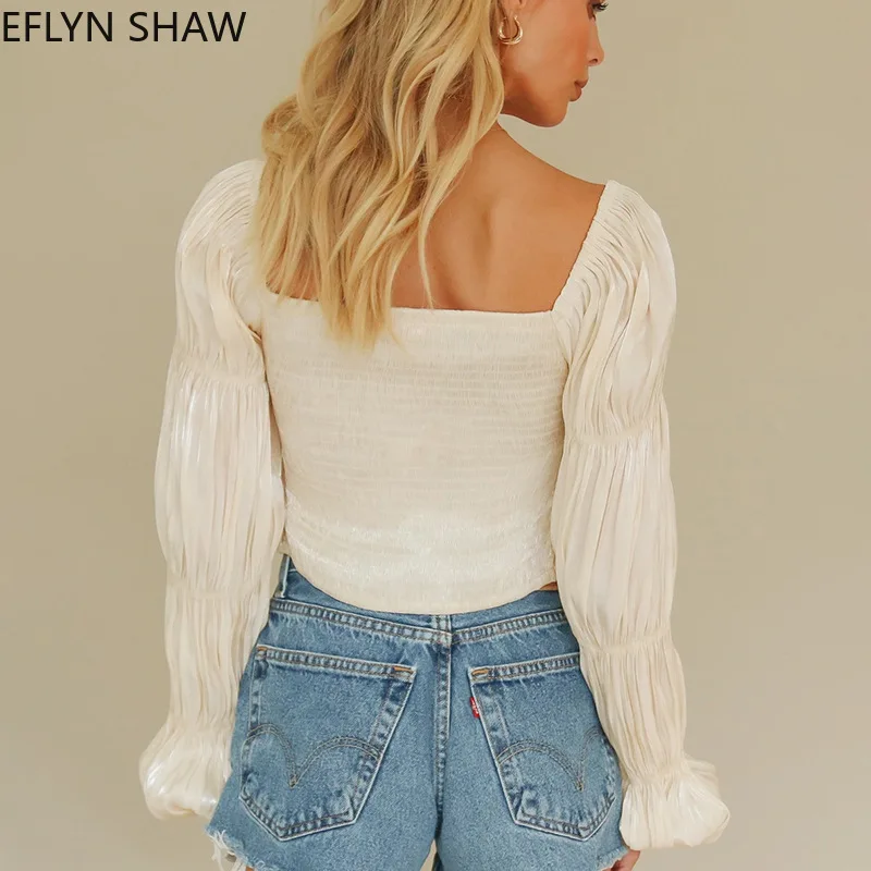 

Vinbtage Style Solid Color Shirts Women 2020 Pleated Effortless Chic Cropped Lantern Sleeved Short Top Sexy Sleeves Gloss Blouse