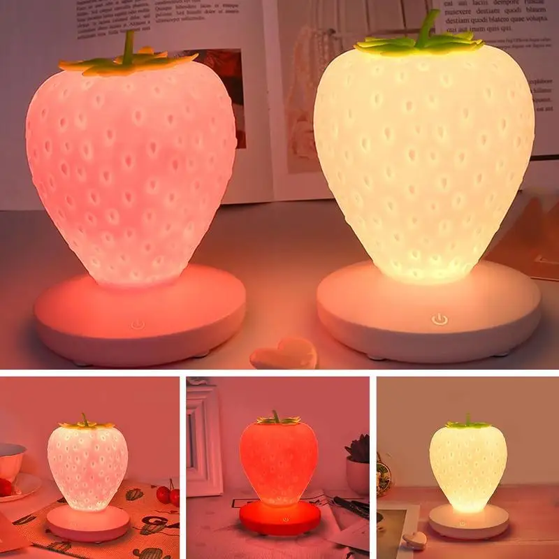 

Cartoon Strawberry Silicone LED Night Light Charging Touch Dimming 3 Brightness Romantic Bedroom Bedside Atmosphere Table Lamp
