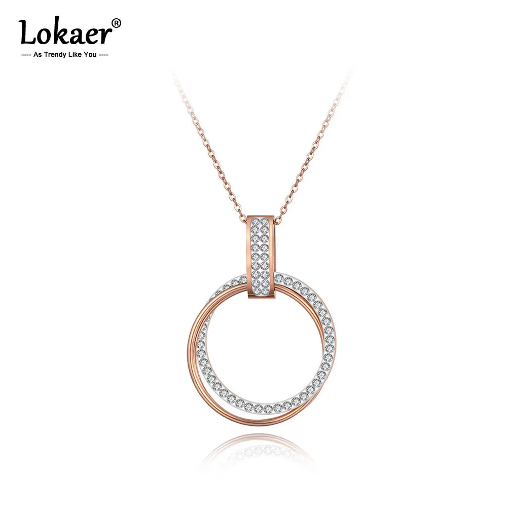 Модные ожерелья Lokaer с подвеской Стразы двойным кольцом для женщин из нержавеющей