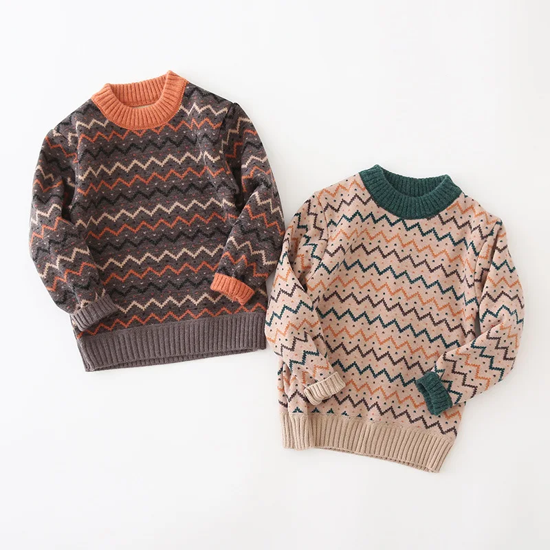 

Comfortable Kids Sweaters Spring Winter Baby Boys Girls Warm Tops Thicken Knitted Bottoming Stripe Brown Beige High Quality
