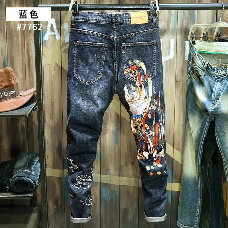 summer 2021 hot heavy embroidery black mens jeans small feet slim brand authentic high end stretch pants korean chinese style free global shipping