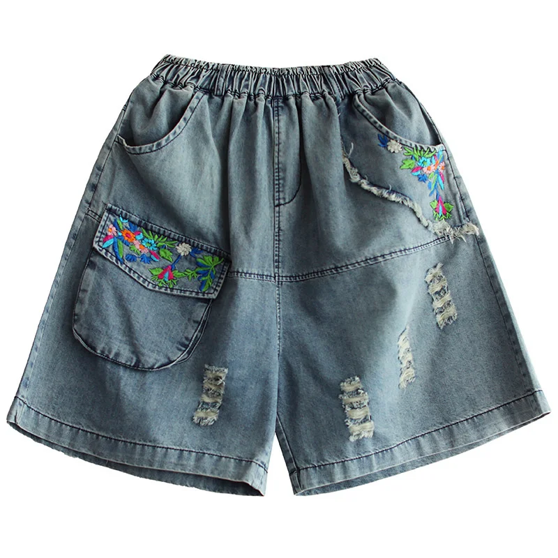 

Max LuLu 2021 Summer Korean Fashion Women Casual Denim Shorts Ladies Blue Wide Leg Jeans Female Flowers Ripped Loose Trousers