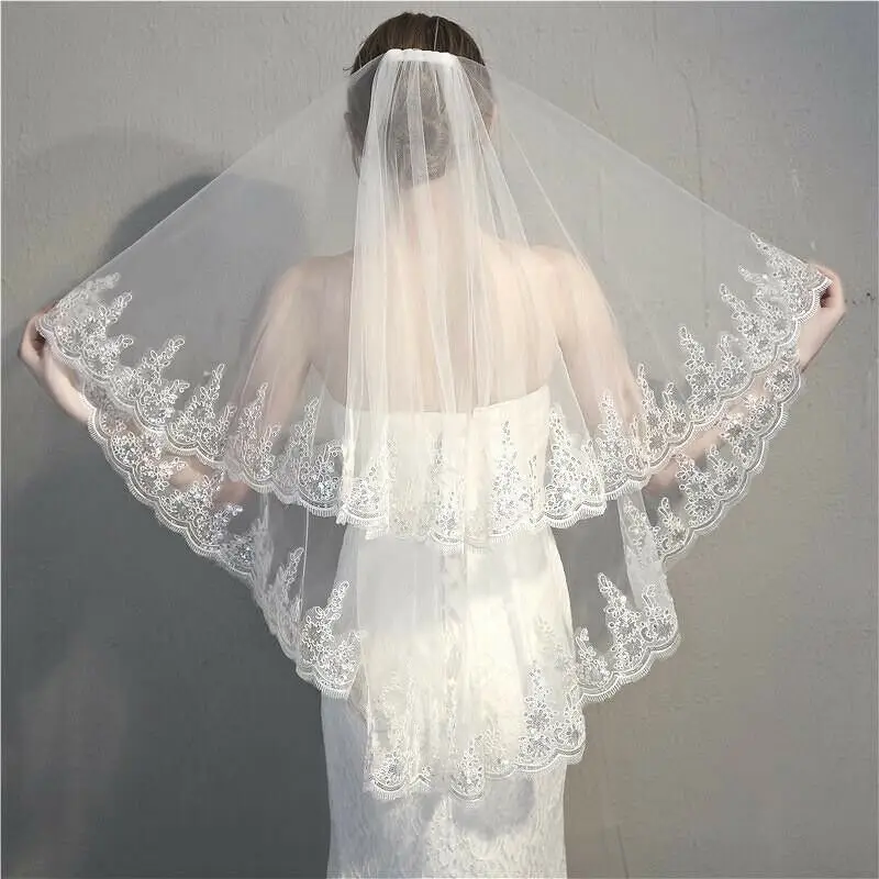 

New 2T White/Ivory Elbow Beaded Edge Sequins Wedding Bridal Veil With Comb