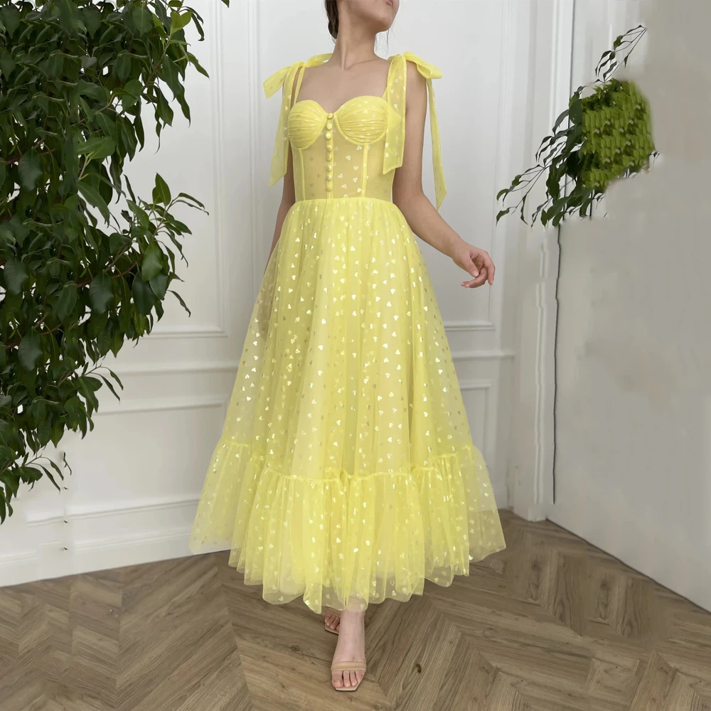 

Girl Party Dresses Yellow Sweetheart Sleeveless Buttons A Line Tulle Ankle Length Prom Dress Evening Gowns
