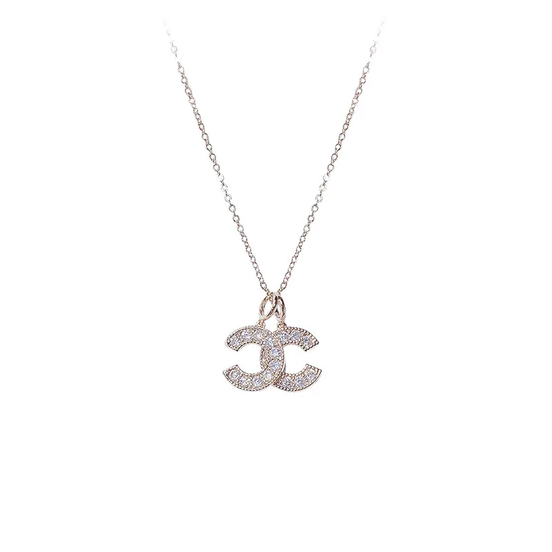 

New Double Letter C-Shape Necklace Crystal Rhinestone Rose Gold Color Necklace for Women Simple Female Wedding Trendy