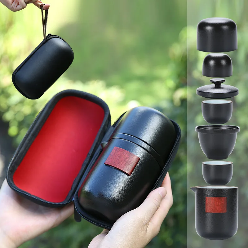 

Black pottery travel kung fu tea set, one pot, four cups, portable bag, quick-off cup and teapot ceramic tea set tea cup set